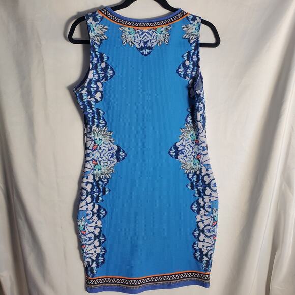 Venus Blue Sleeveless Dress Size L Tribal Print Stretch Bodycon 35" Length - Picture 2 of 9